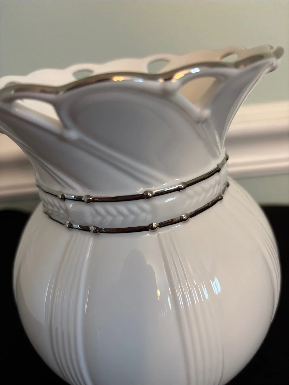 Lenox White Ceramic Globe Vase with Silver Accents